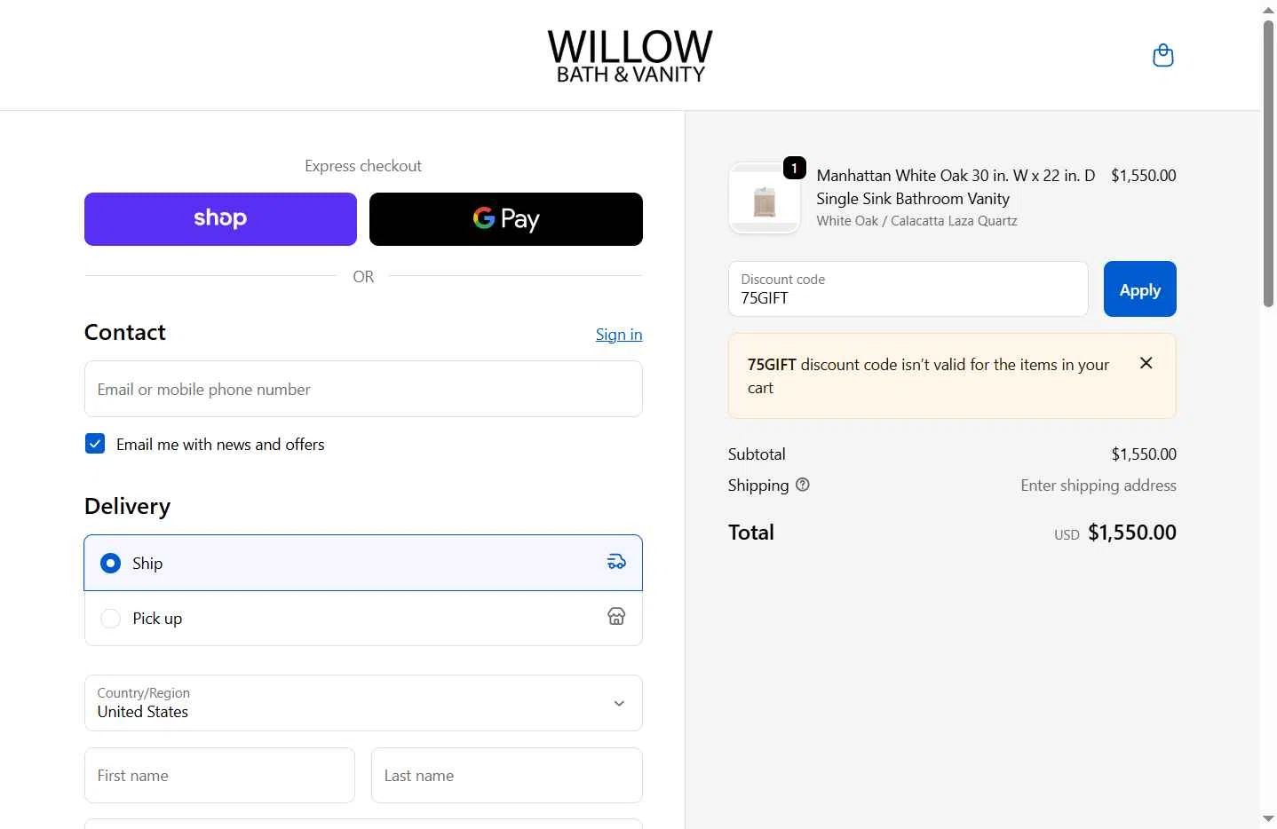 Willow Bath and Vanity checkout page showing Willow Bath and Vanity coupon code box | Screenshot taken by SimplyCodes community member on Oct 6, 2025