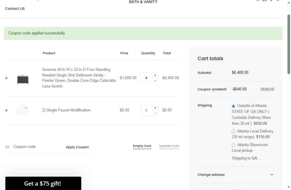 Willow Bath and Vanity checkout page showing Willow Bath and Vanity coupon code box | Screenshot taken by SimplyCodes community member on Aug 18, 2025