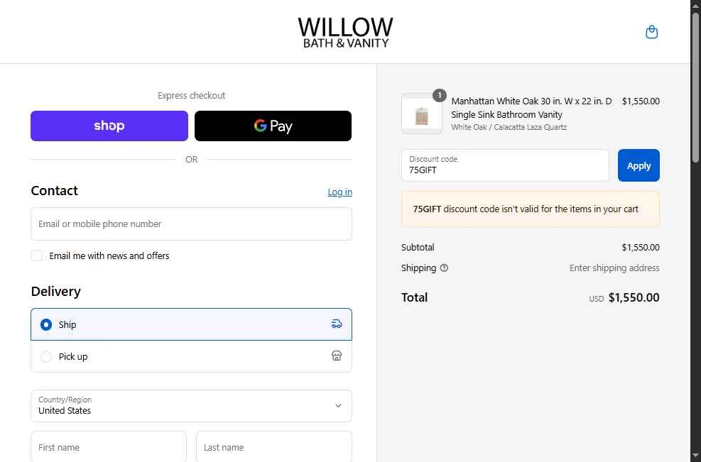 Willow Bath and Vanity checkout page showing Willow Bath and Vanity coupon code box | Screenshot taken by SimplyCodes community member on Sep 8, 2025