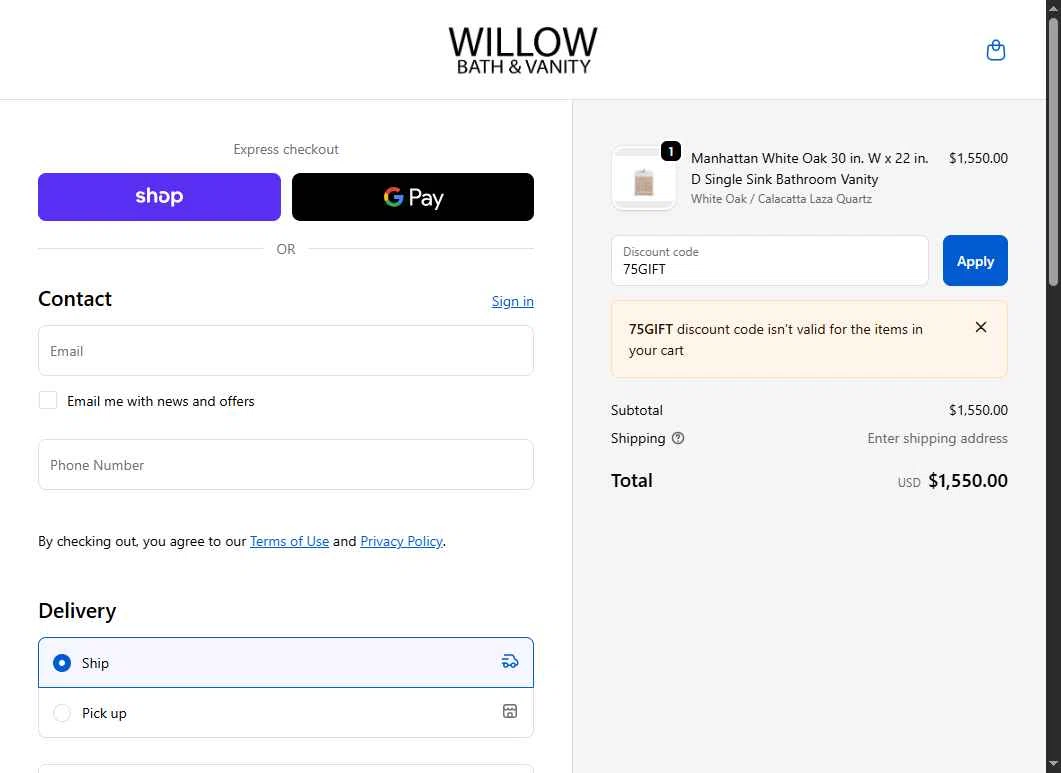 Willow Bath and Vanity checkout page showing Willow Bath and Vanity coupon code box | Screenshot taken by SimplyCodes community member on Nov 6, 2025