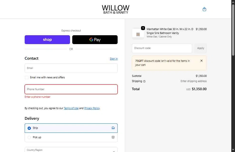 Willow Bath and Vanity checkout page showing Willow Bath and Vanity coupon code box | Screenshot taken by SimplyCodes community member on Jan 7, 2026