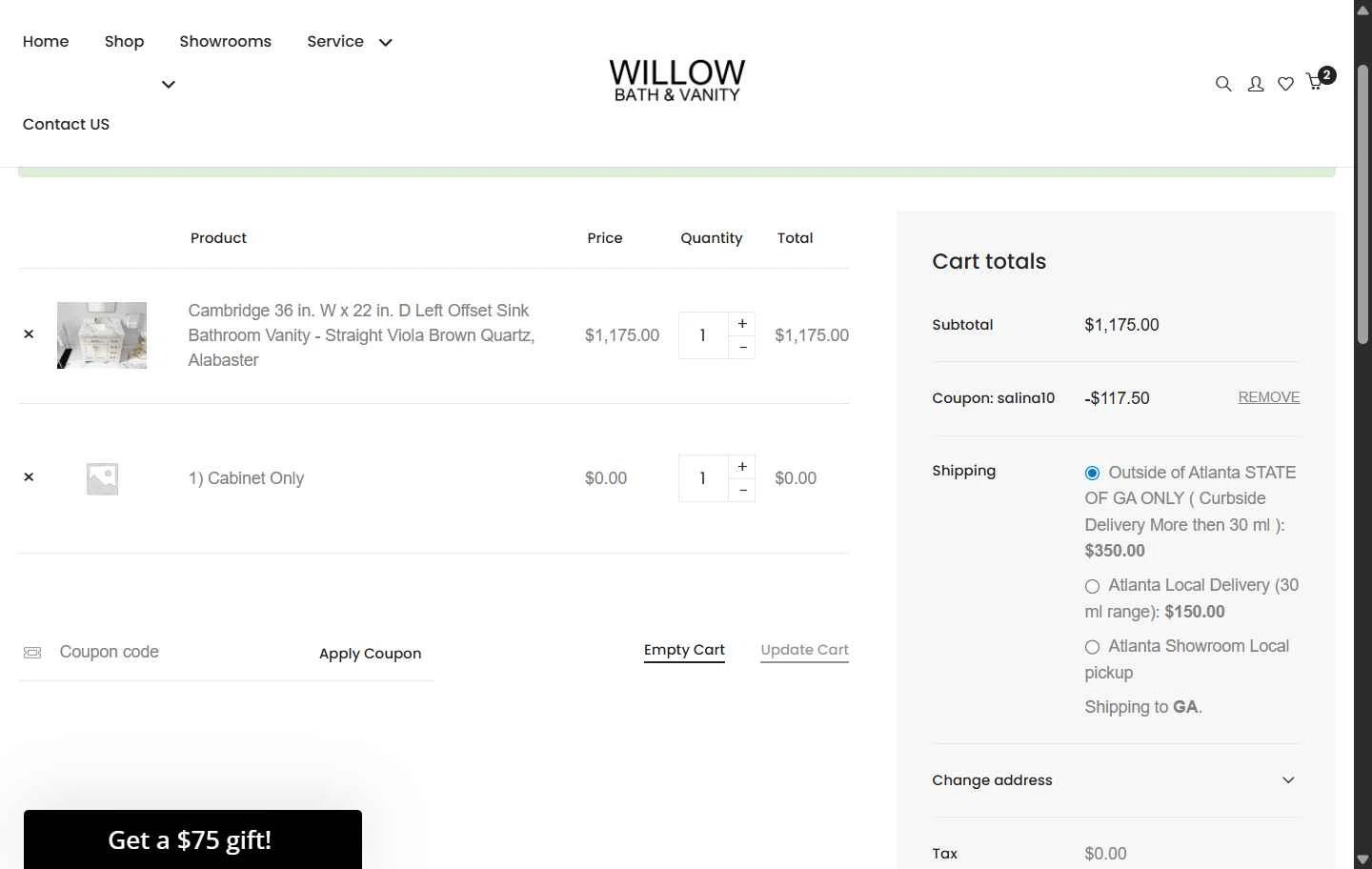 Willow Bath and Vanity checkout page showing Willow Bath and Vanity coupon code box | Screenshot taken by SimplyCodes community member on Aug 18, 2025