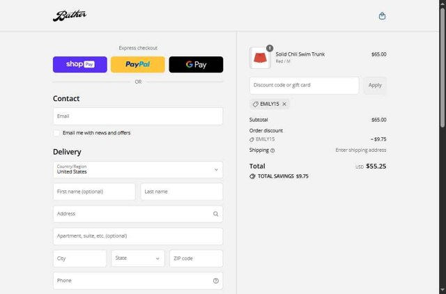 Bather checkout page showing Bather discount code box | Screenshot taken by SimplyCodes community member on Aug 15, 2025