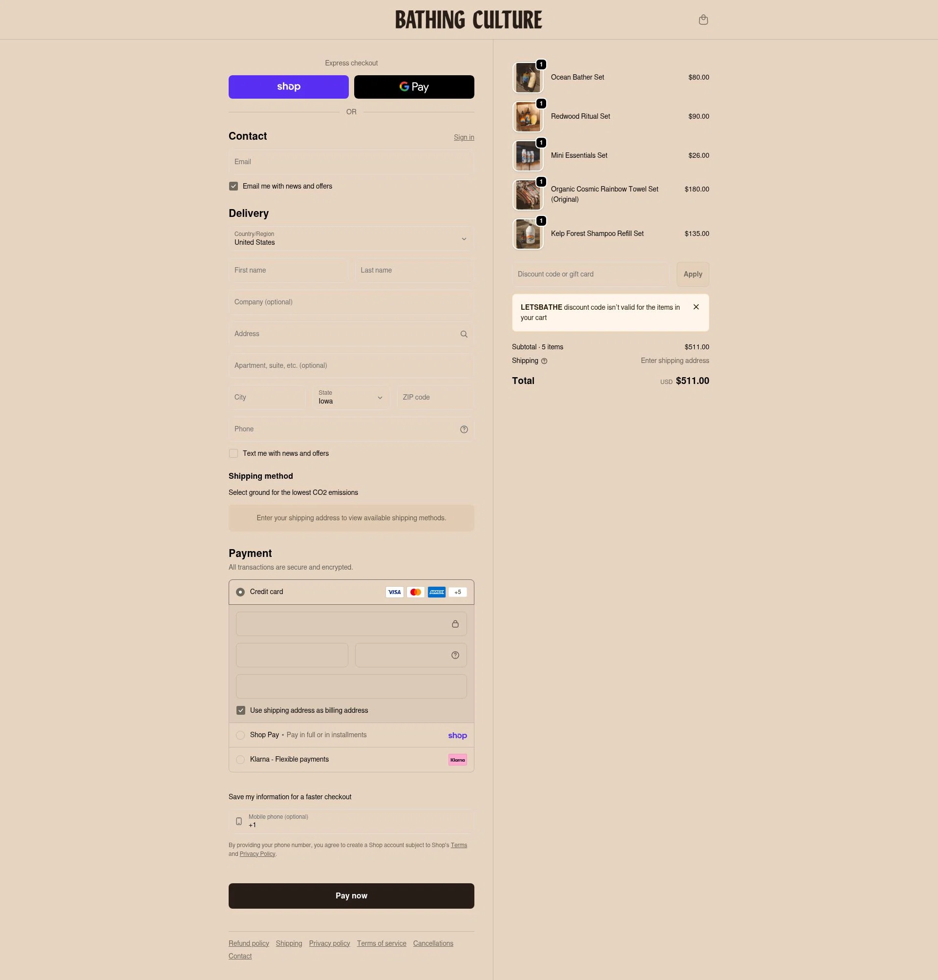 Bathing Culture checkout page showing Bathing Culture discount code box | Screenshot taken by SimplyCodes community member on Feb 13, 2026