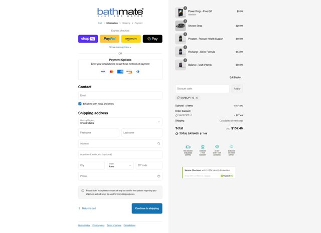 Bathmate Direct checkout page showing Bathmate Direct discount code box | Screenshot taken by SimplyCodes community member on Aug 3, 2025