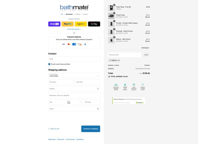 Bathmate Direct checkout page showing Bathmate Direct discount code box | Screenshot taken by SimplyCodes community member on Aug 3, 2025