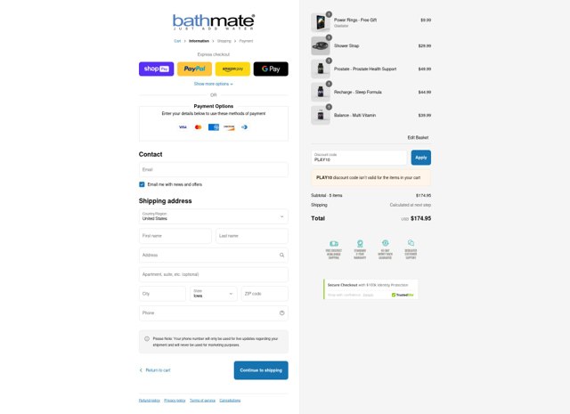 Bathmate Direct checkout page showing Bathmate Direct discount code box | Screenshot taken by SimplyCodes community member on Aug 3, 2025