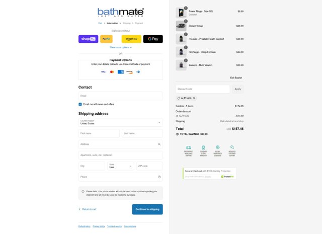 Bathmate Direct checkout page showing Bathmate Direct discount code box | Screenshot taken by SimplyCodes community member on Aug 3, 2025