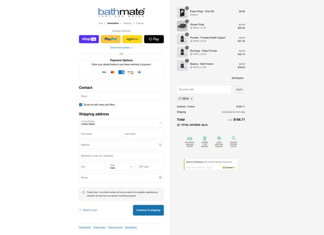 Bathmate Direct checkout page showing Bathmate Direct discount code box | Screenshot taken by SimplyCodes community member on Aug 3, 2025