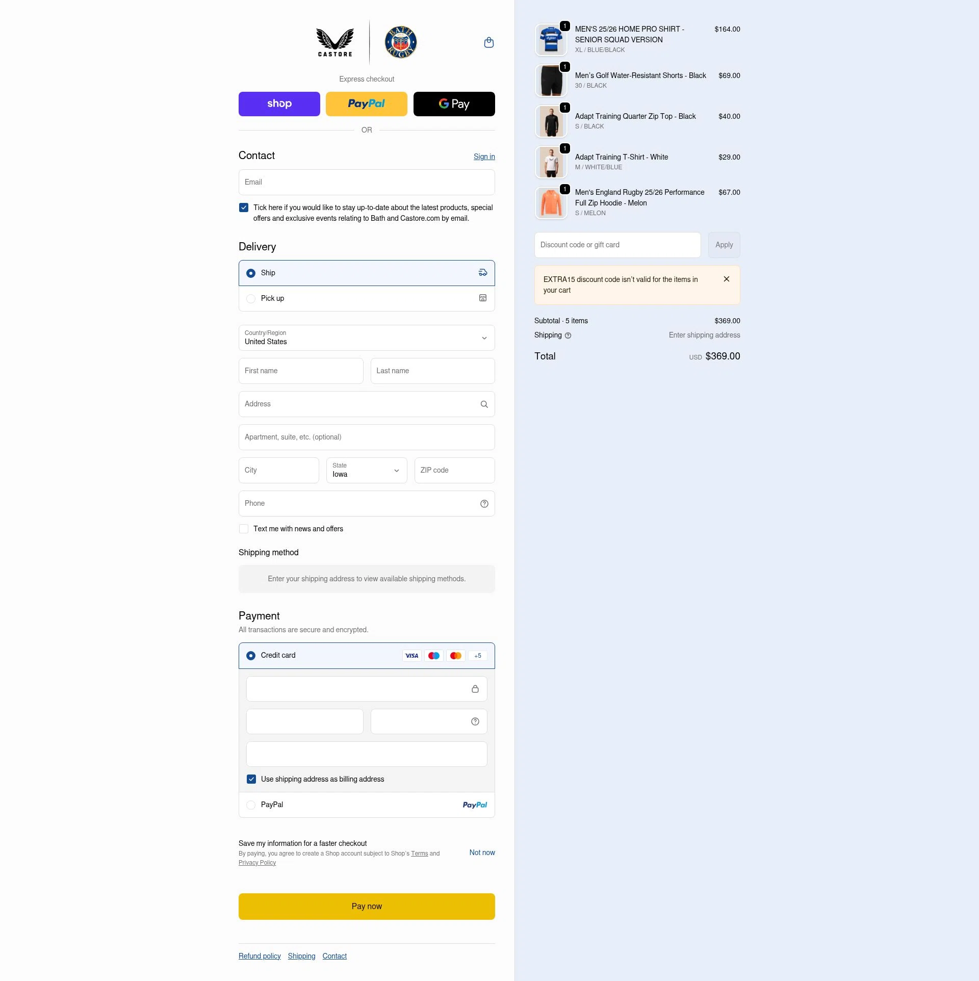 Bath Rugby checkout page showing Bath Rugby discount code box | Screenshot taken by SimplyCodes community member on Feb 14, 2026