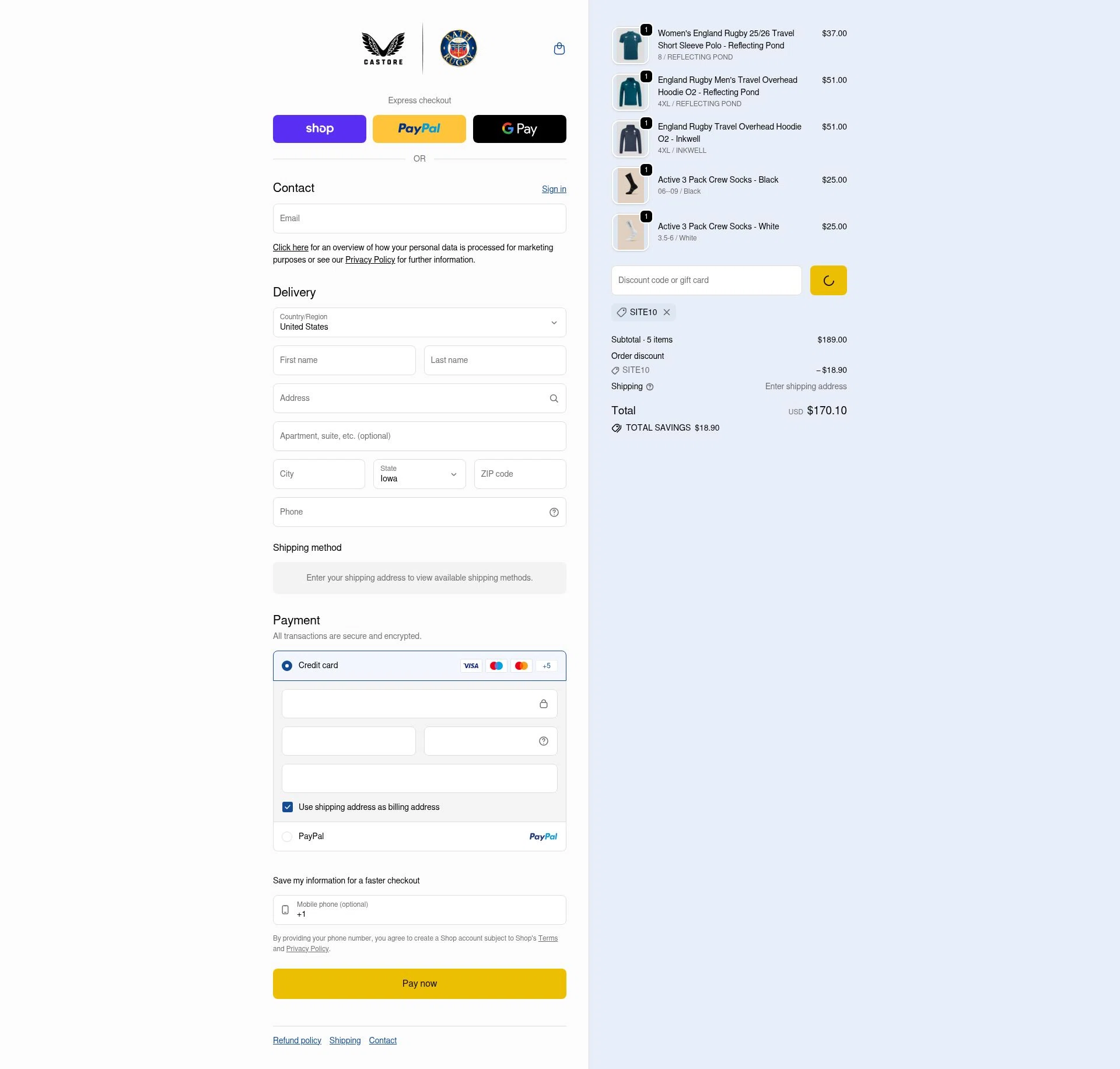 Bath Rugby checkout page showing Bath Rugby discount code box | Screenshot taken by SimplyCodes community member on Jan 8, 2026