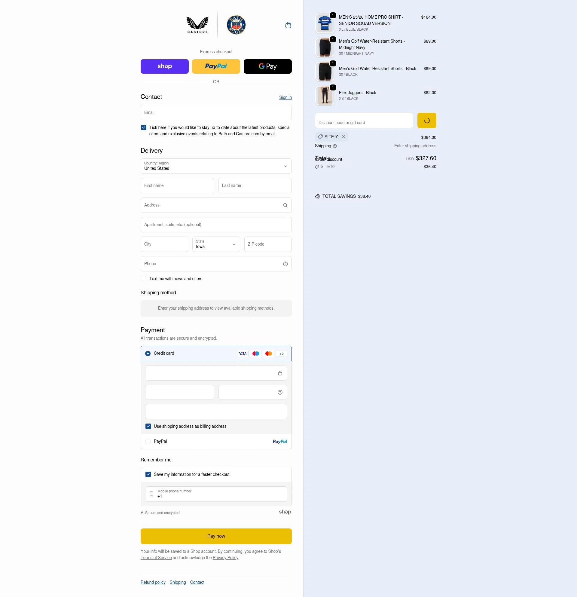 Bath Rugby checkout page showing Bath Rugby discount code box | Screenshot taken by SimplyCodes community member on Jan 23, 2026