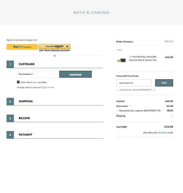 Bath & Unwind checkout page showing Bath & Unwind promo code box | Screenshot taken by SimplyCodes community member on Feb 11, 2026