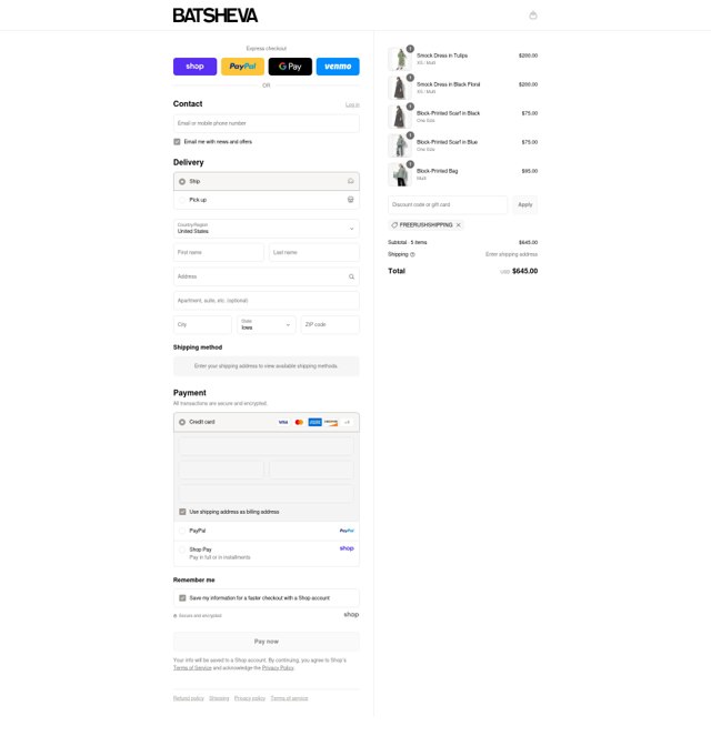 Batsheva checkout page showing Batsheva promo code box | Screenshot taken by SimplyCodes community member on Aug 29, 2025