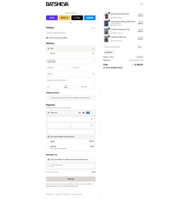 Batsheva checkout page showing Batsheva promo code box | Screenshot taken by SimplyCodes community member on Sep 11, 2025
