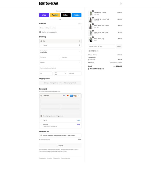 Batsheva checkout page showing Batsheva promo code box | Screenshot taken by SimplyCodes community member on Aug 29, 2025