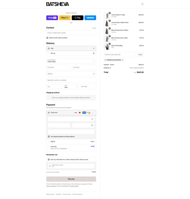 Batsheva checkout page showing Batsheva promo code box | Screenshot taken by SimplyCodes community member on Aug 25, 2025