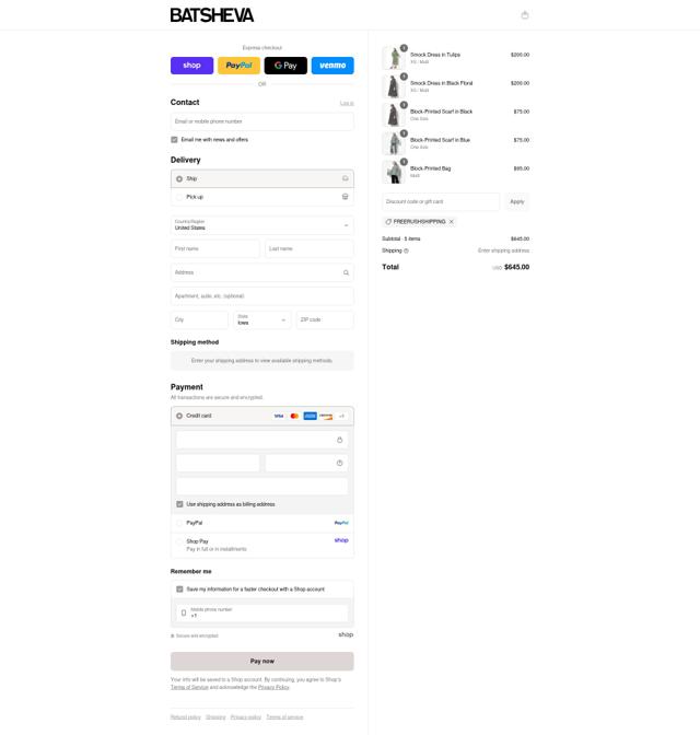 Batsheva checkout page showing Batsheva promo code box | Screenshot taken by SimplyCodes community member on Sep 2, 2025