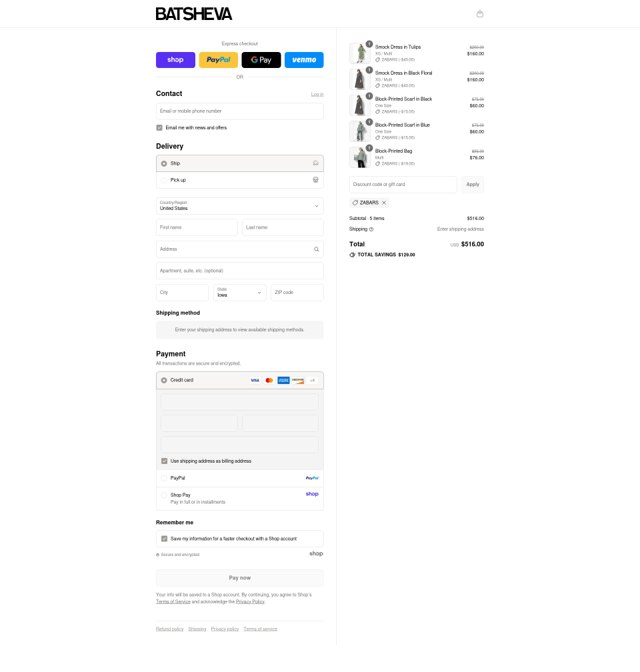 Batsheva checkout page showing Batsheva promo code box | Screenshot taken by SimplyCodes community member on Aug 29, 2025