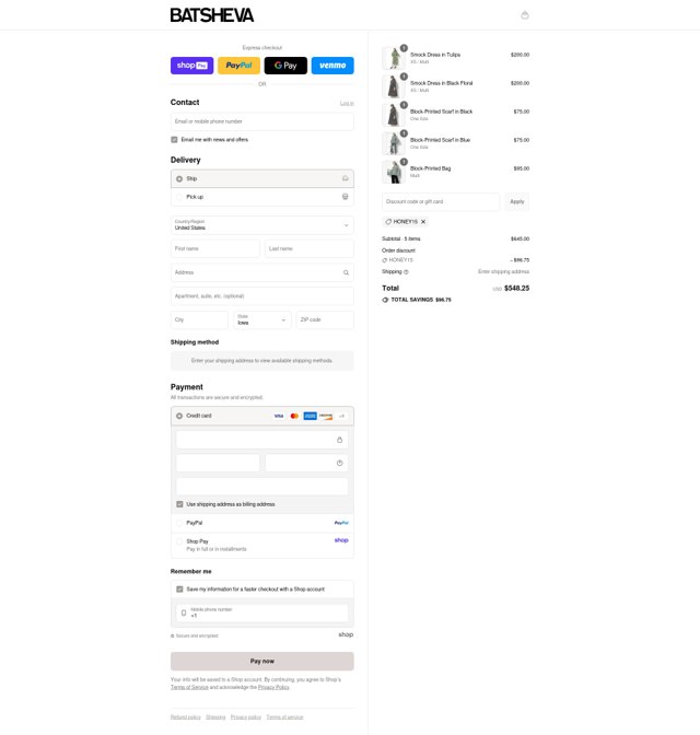 Batsheva checkout page showing Batsheva promo code box | Screenshot taken by SimplyCodes community member on Aug 25, 2025