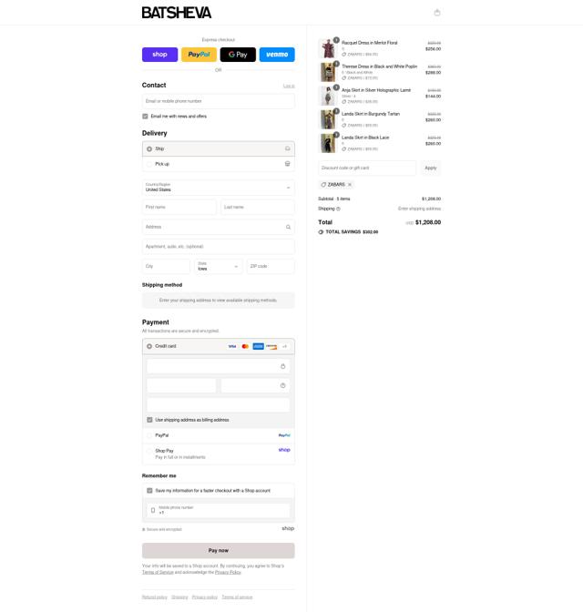 Batsheva checkout page showing Batsheva promo code box | Screenshot taken by SimplyCodes community member on Sep 7, 2025