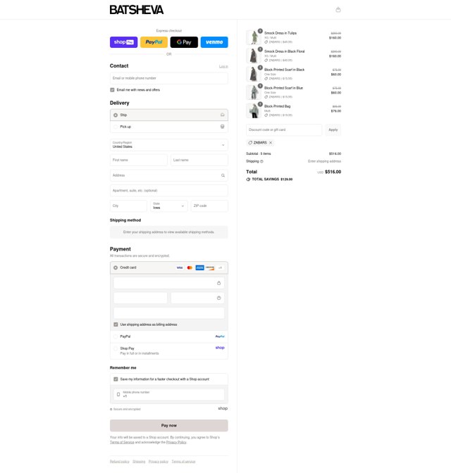 Batsheva checkout page showing Batsheva promo code box | Screenshot taken by SimplyCodes community member on Aug 25, 2025