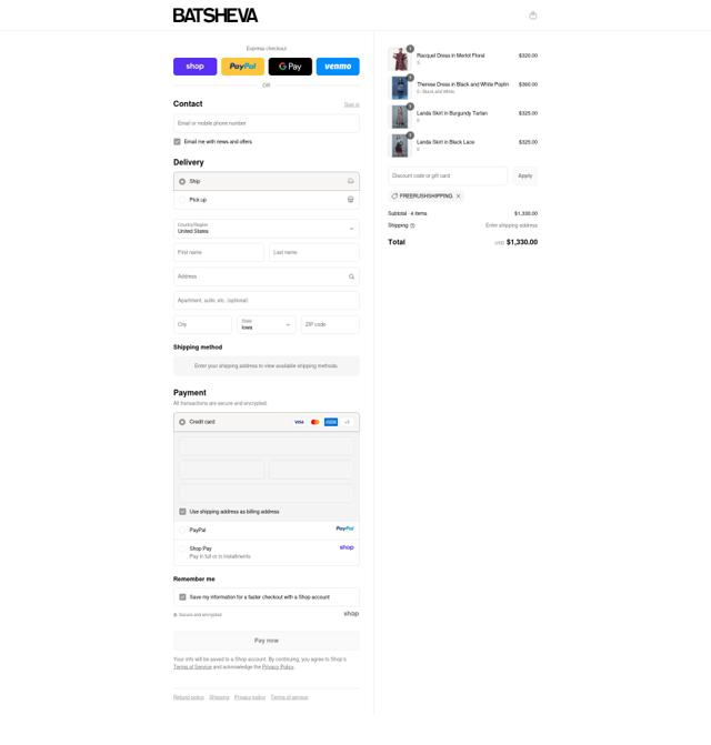 Batsheva checkout page showing Batsheva promo code box | Screenshot taken by SimplyCodes community member on Sep 11, 2025