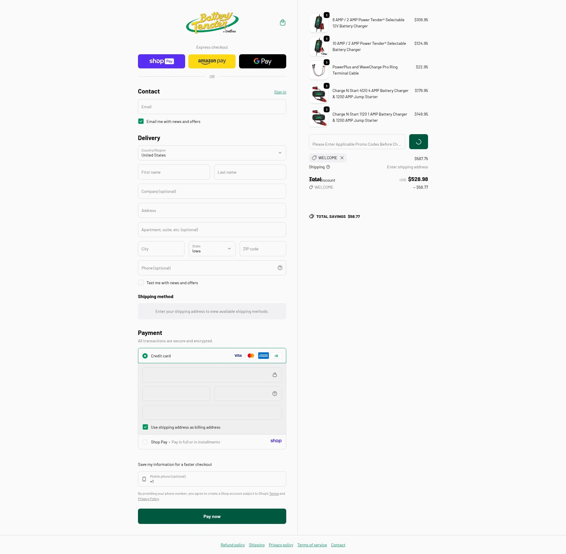 Battery Tender checkout page showing Battery Tender promo code box | Screenshot taken by SimplyCodes community member on Jan 10, 2026
