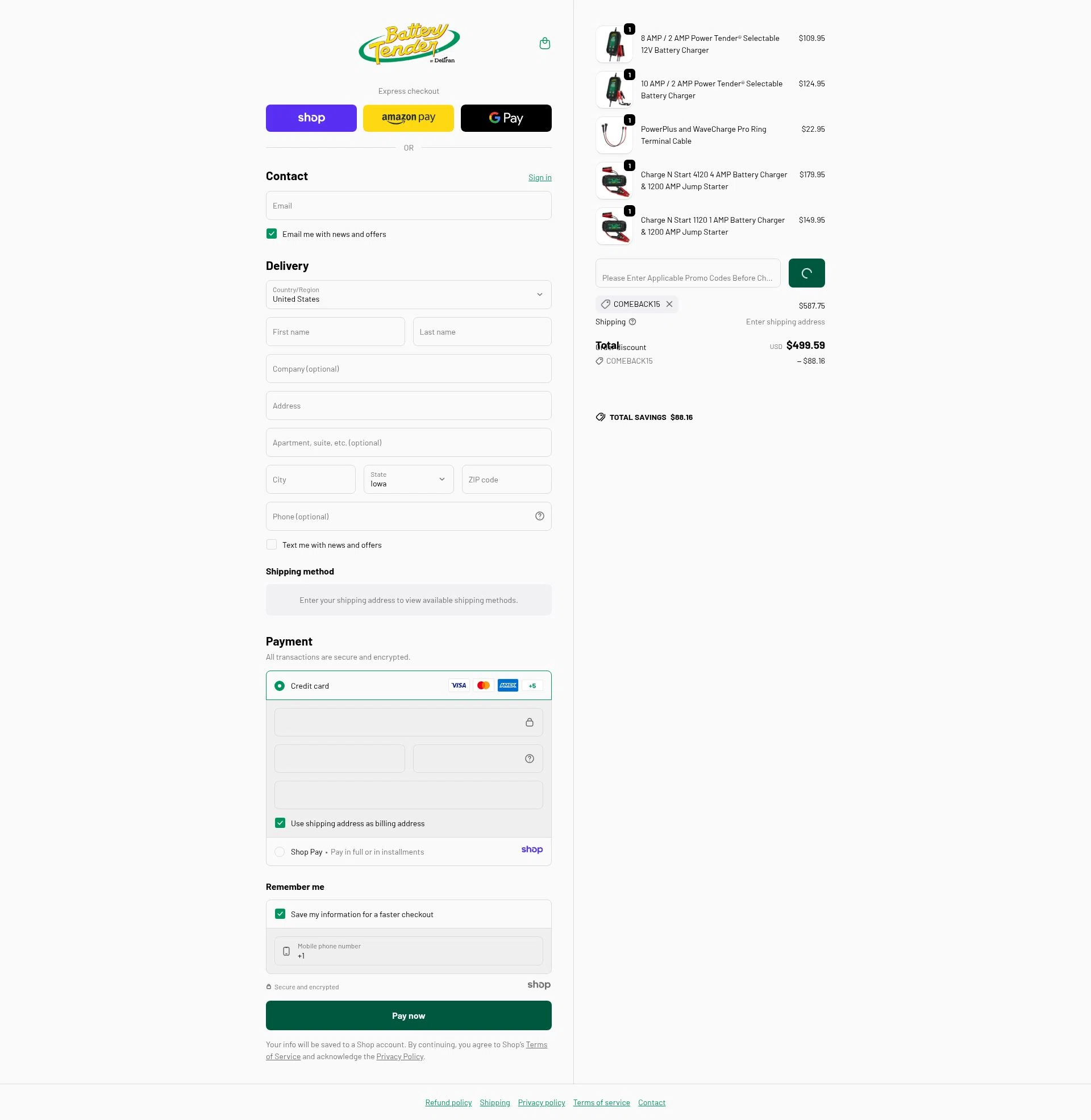Battery Tender checkout page showing Battery Tender promo code box | Screenshot taken by SimplyCodes community member on Jan 5, 2026