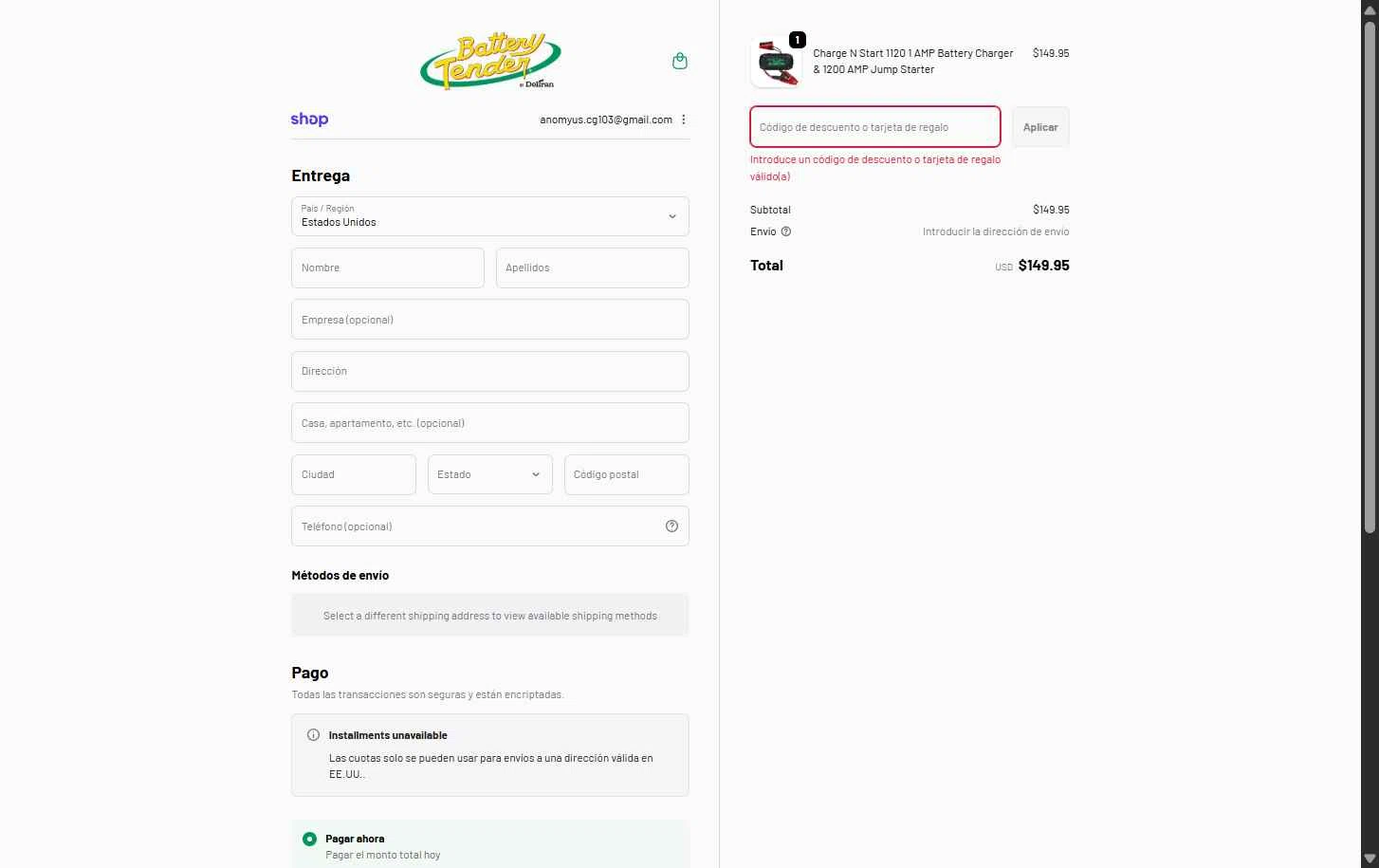 Battery Tender checkout page showing Battery Tender promo code box | Screenshot taken by SimplyCodes community member on Jan 5, 2026