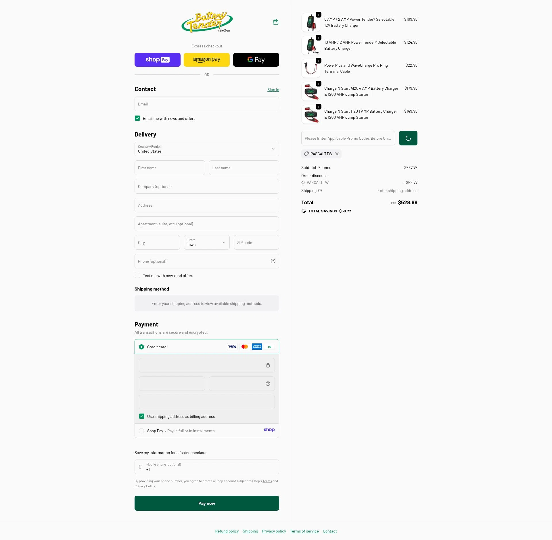 Battery Tender checkout page showing Battery Tender promo code box | Screenshot taken by SimplyCodes community member on Jan 10, 2026