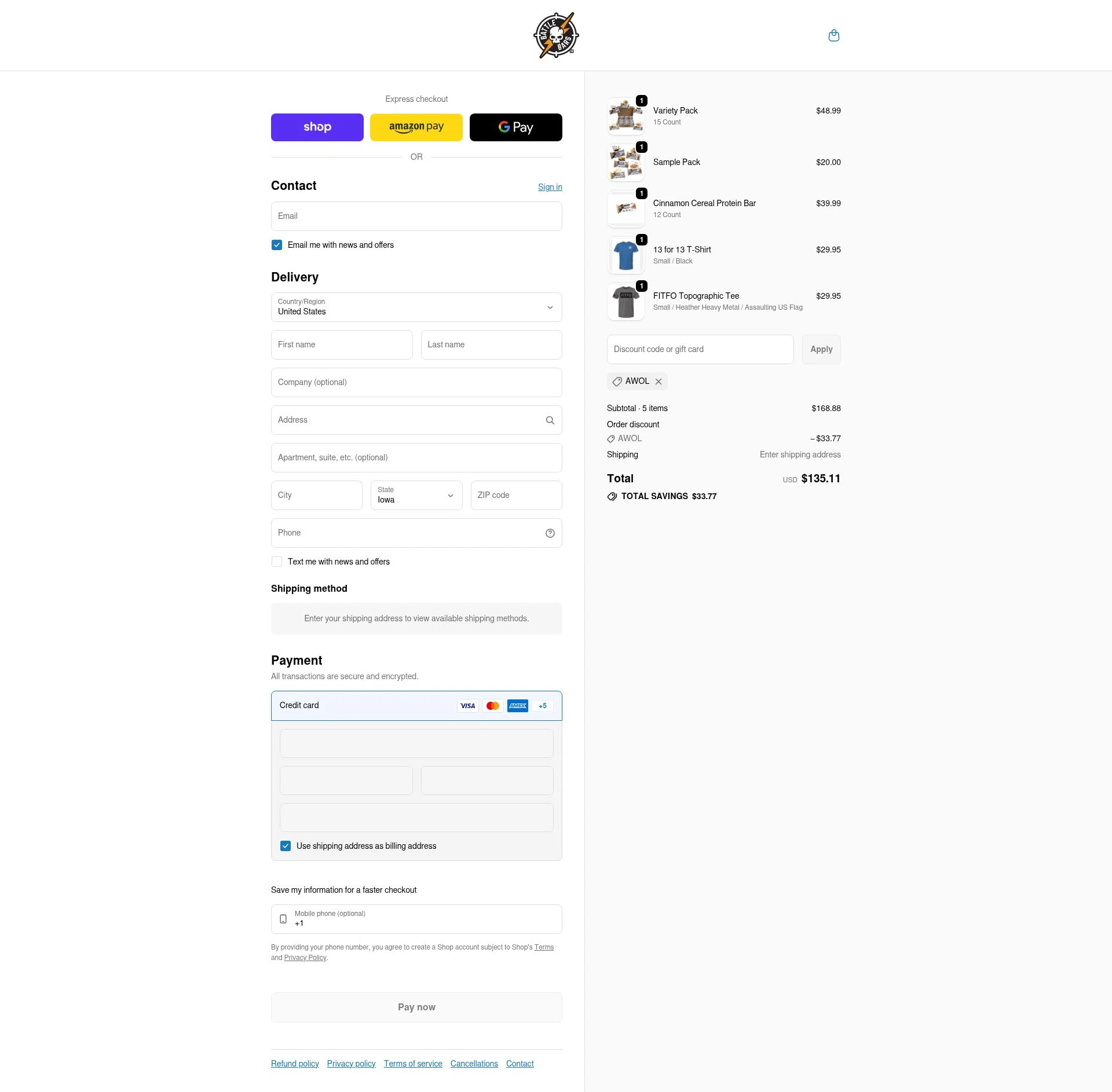 Battle Bars checkout page showing Battle Bars promo code box | Screenshot taken by SimplyCodes community member on Feb 9, 2026