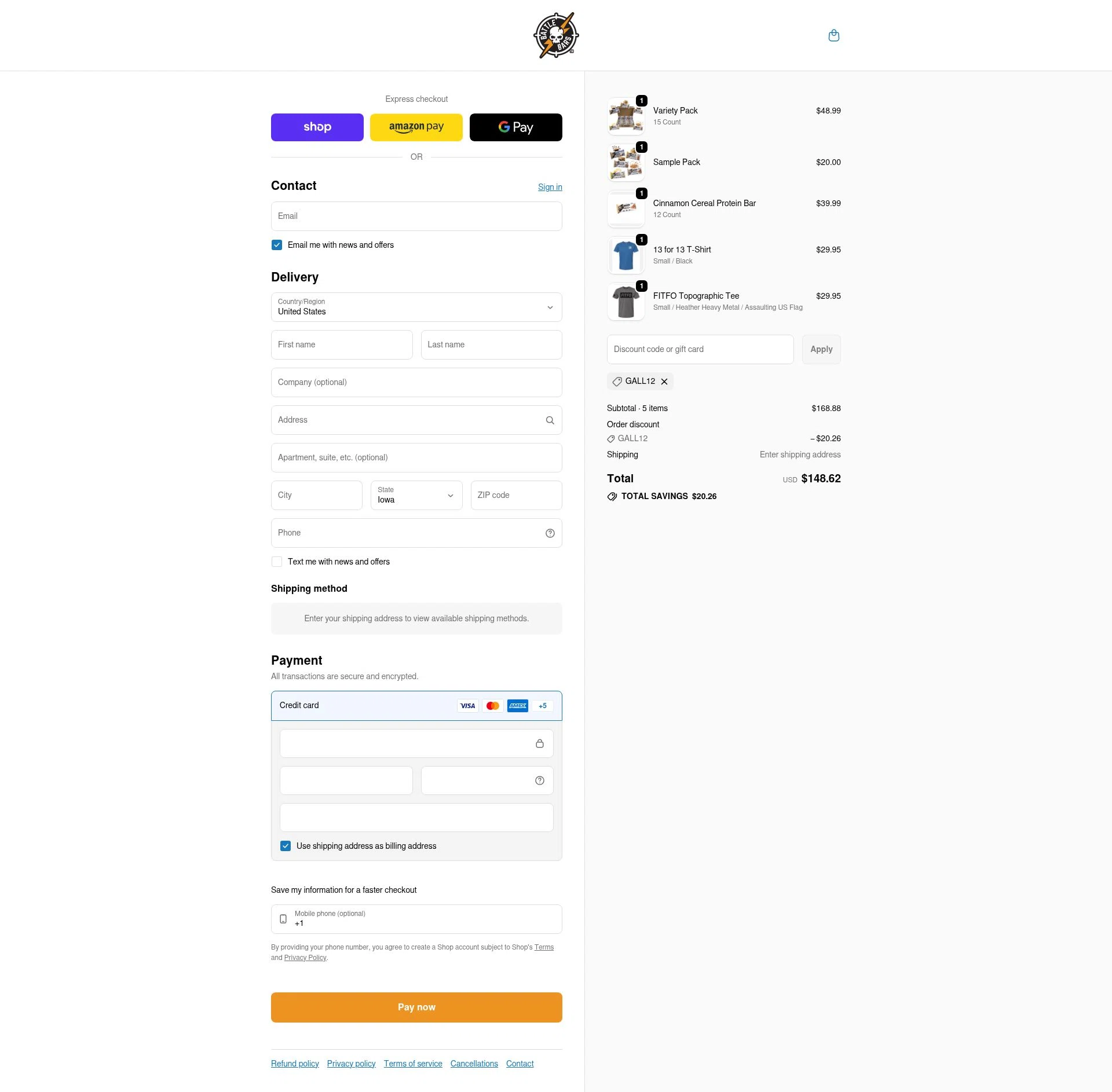 Battle Bars checkout page showing Battle Bars promo code box | Screenshot taken by SimplyCodes community member on Feb 9, 2026