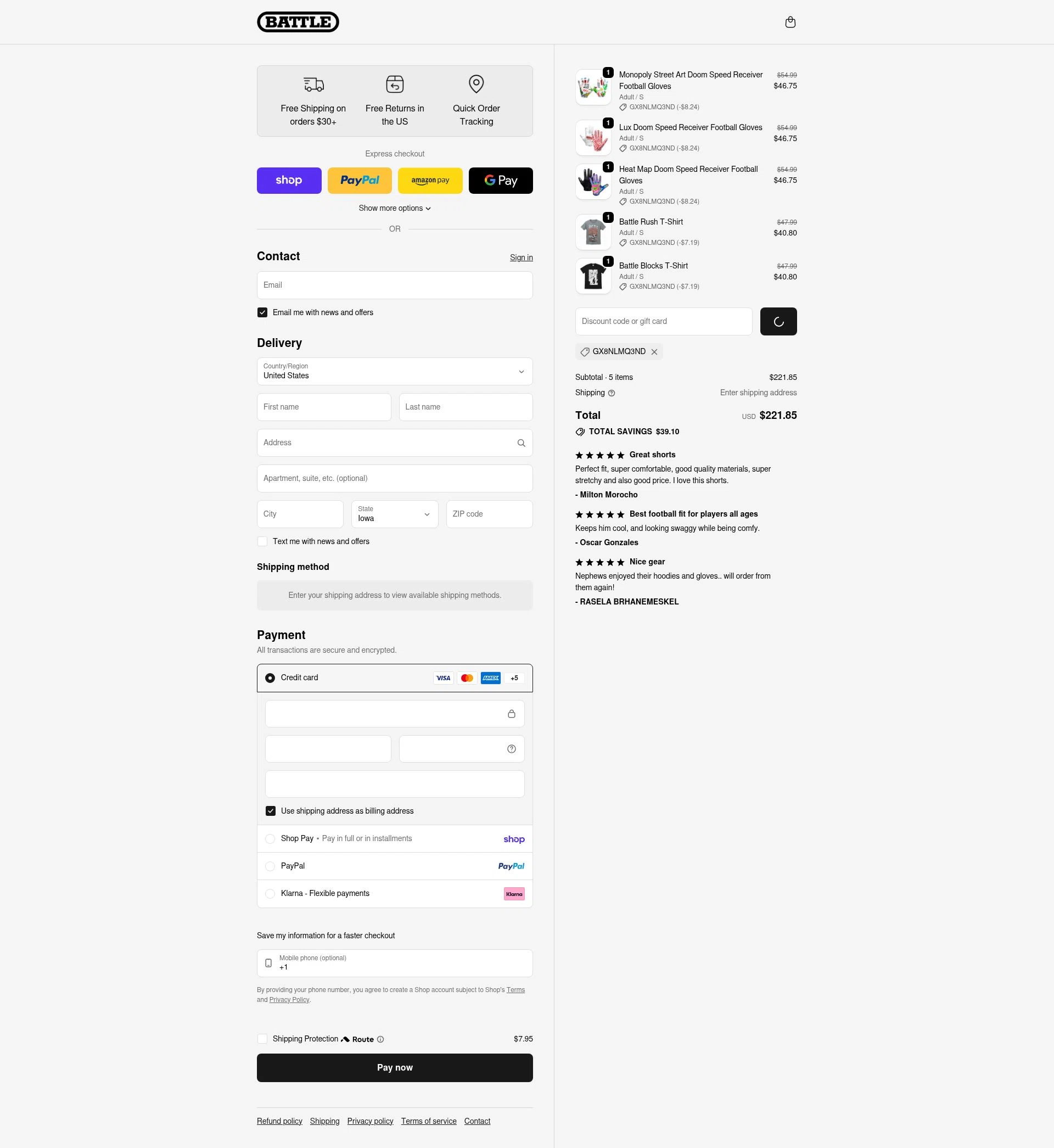 Battle Sports checkout page showing Battle Sports coupon code box | Screenshot taken by SimplyCodes community member on Feb 20, 2026