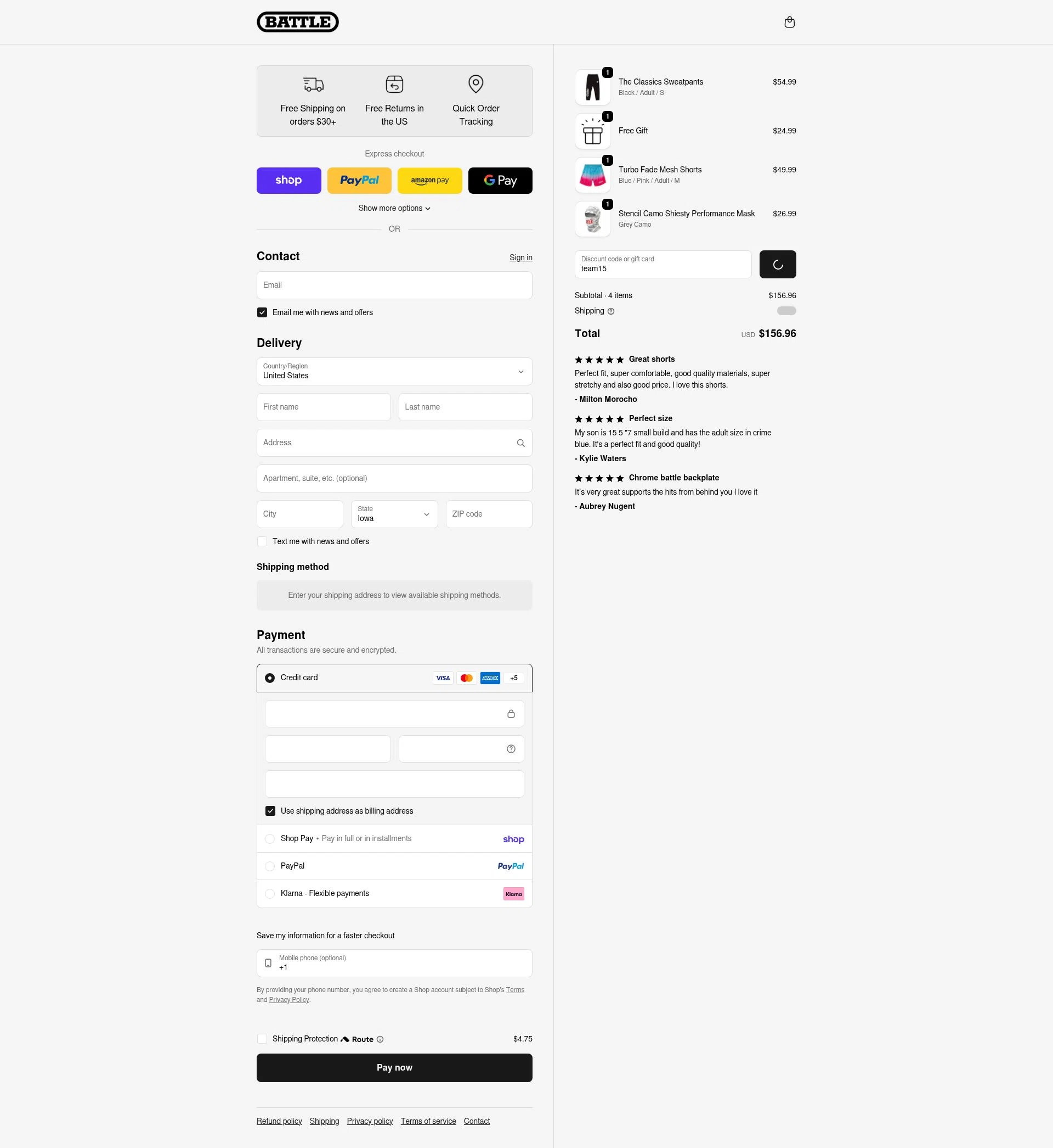 Battle Sports checkout page showing Battle Sports coupon code box | Screenshot taken by SimplyCodes community member on Feb 16, 2026
