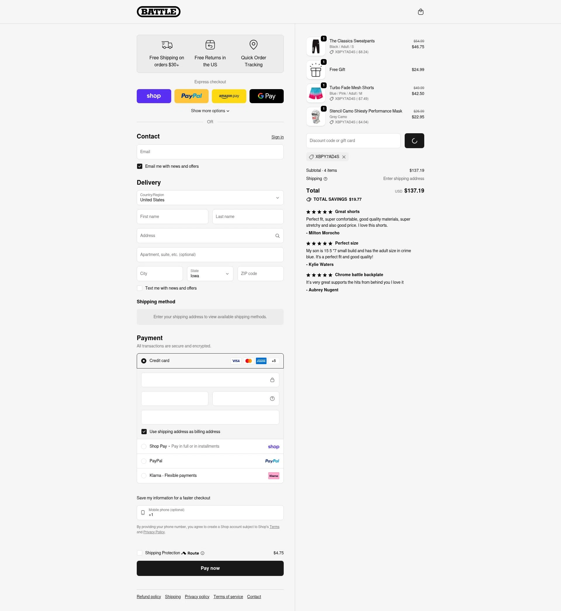 Battle Sports checkout page showing Battle Sports coupon code box | Screenshot taken by SimplyCodes community member on Feb 16, 2026