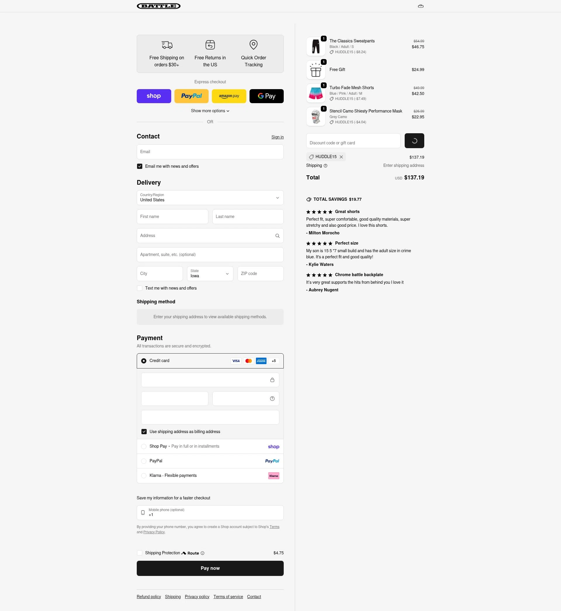 Battle Sports checkout page showing Battle Sports coupon code box | Screenshot taken by SimplyCodes community member on Feb 16, 2026