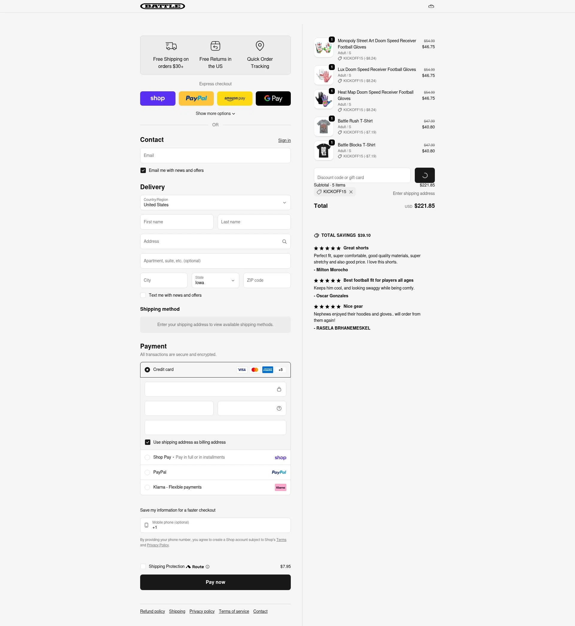 Battle Sports checkout page showing Battle Sports coupon code box | Screenshot taken by SimplyCodes community member on Feb 20, 2026