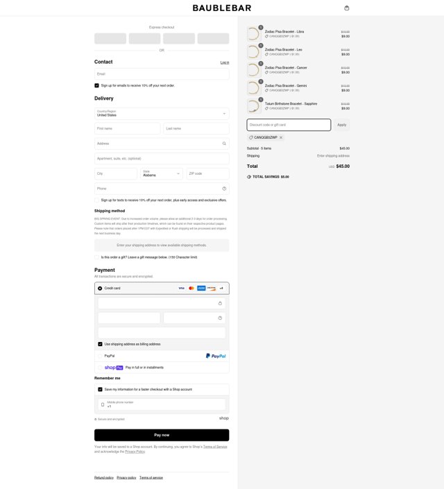 BaubleBar checkout page showing BaubleBar discount code box | Screenshot taken by SimplyCodes community member on May 3, 2025