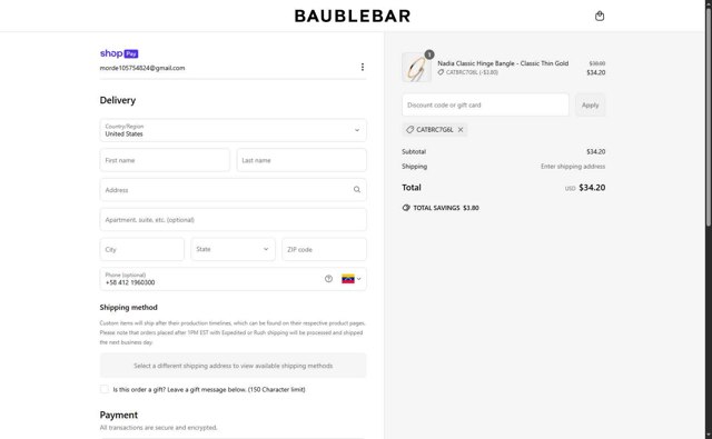 BaubleBar checkout page showing BaubleBar discount code box | Screenshot taken by SimplyCodes community member on Apr 18, 2025