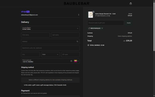 BaubleBar checkout page showing BaubleBar discount code box | Screenshot taken by SimplyCodes community member on Apr 20, 2025