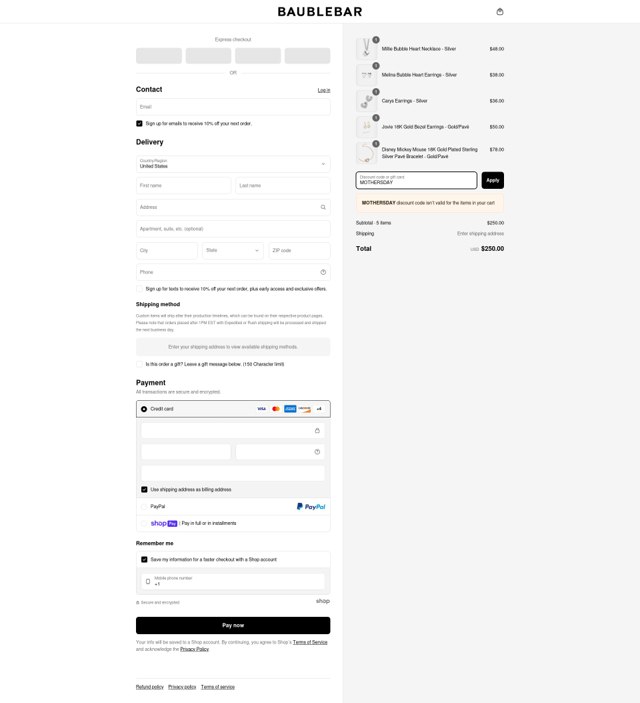 BaubleBar checkout page showing BaubleBar discount code box | Screenshot taken by SimplyCodes community member on Apr 19, 2025