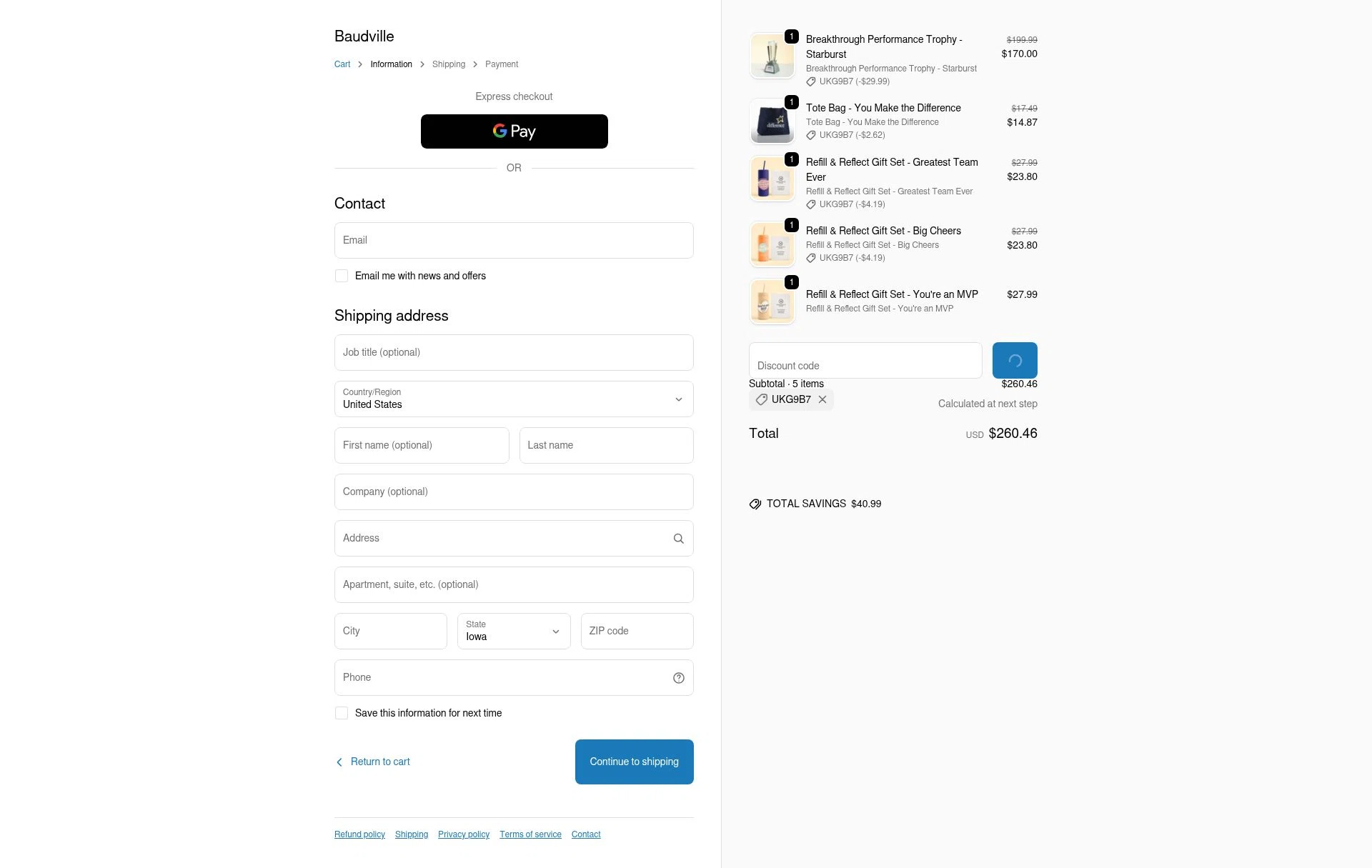 Baudville checkout page showing Baudville discount code box | Screenshot taken by SimplyCodes community member on Jan 18, 2026