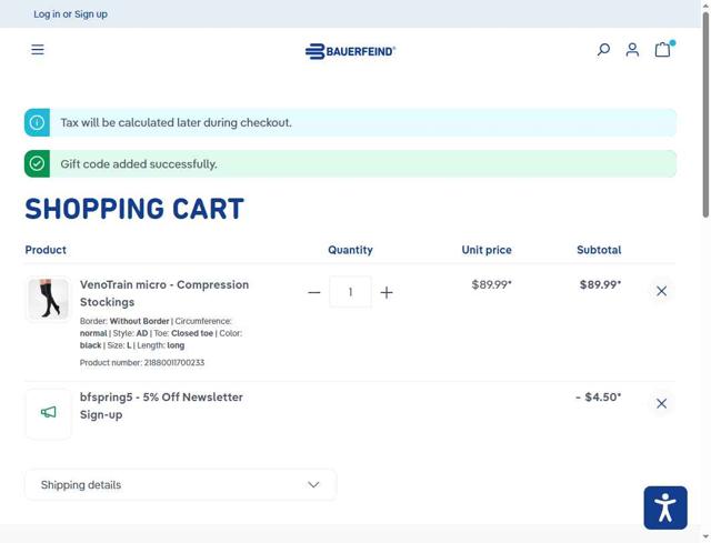 Bauerfeind checkout page showing Bauerfeind coupon code box | Screenshot taken by SimplyCodes community member on Aug 27, 2025