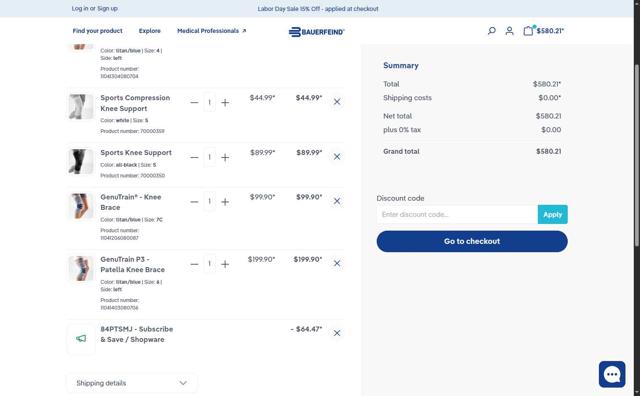 Bauerfeind checkout page showing Bauerfeind coupon code box | Screenshot taken by SimplyCodes community member on Aug 28, 2025