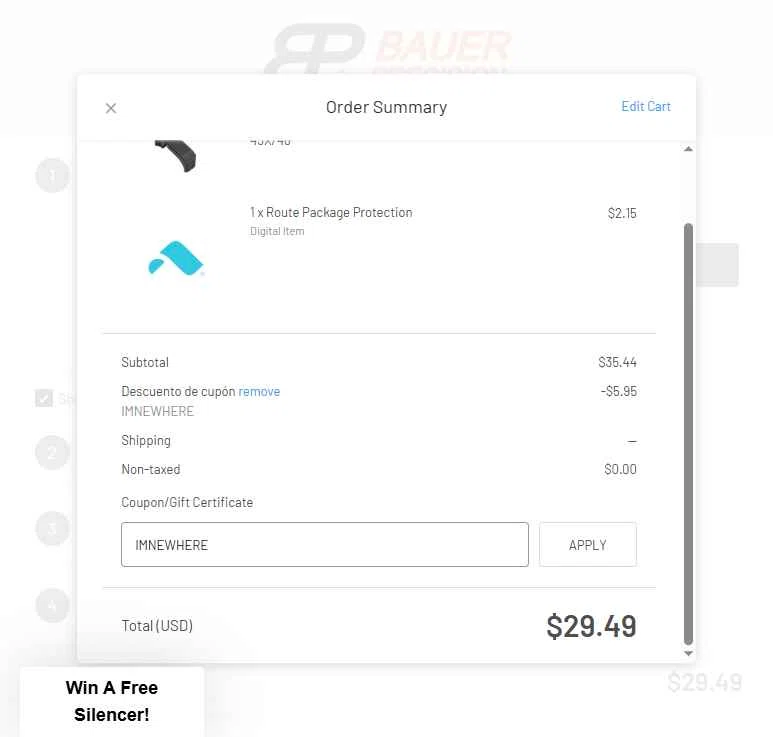 Bauer Precision checkout page showing Bauer Precision discount code box | Screenshot taken by SimplyCodes community member on Jan 16, 2026
