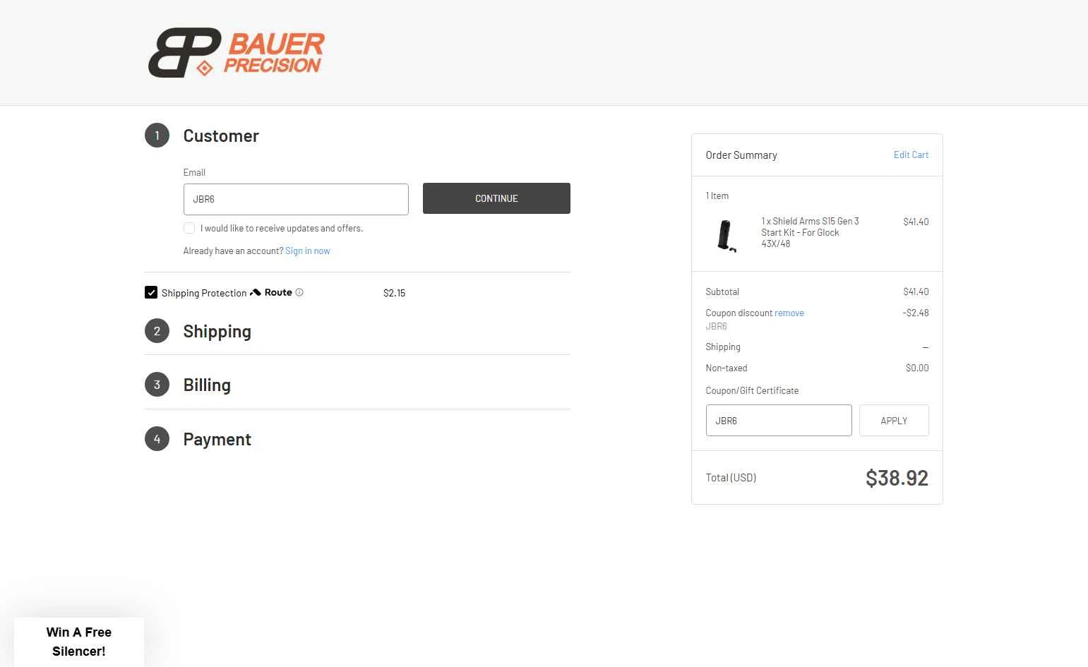 Bauer Precision checkout page showing Bauer Precision discount code box | Screenshot taken by SimplyCodes community member on Jan 19, 2026