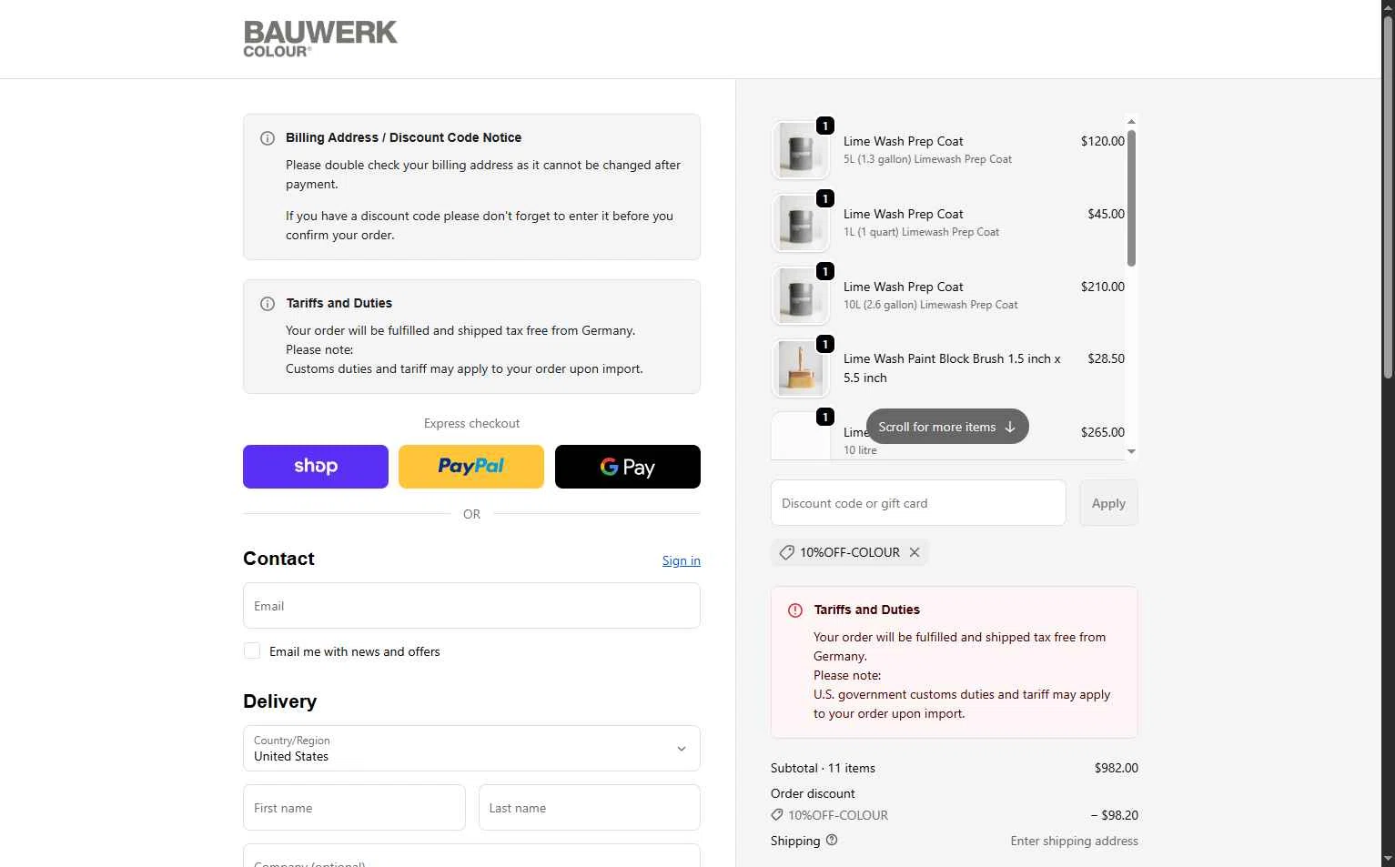 Bauwerk Colour checkout page showing Bauwerk Colour discount code box | Screenshot taken by SimplyCodes community member on Feb 11, 2026
