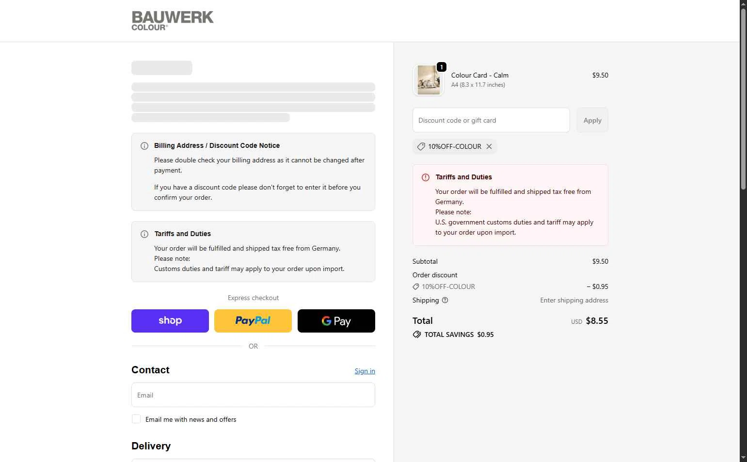 Bauwerk Colour checkout page showing Bauwerk Colour discount code box | Screenshot taken by SimplyCodes community member on Feb 23, 2026