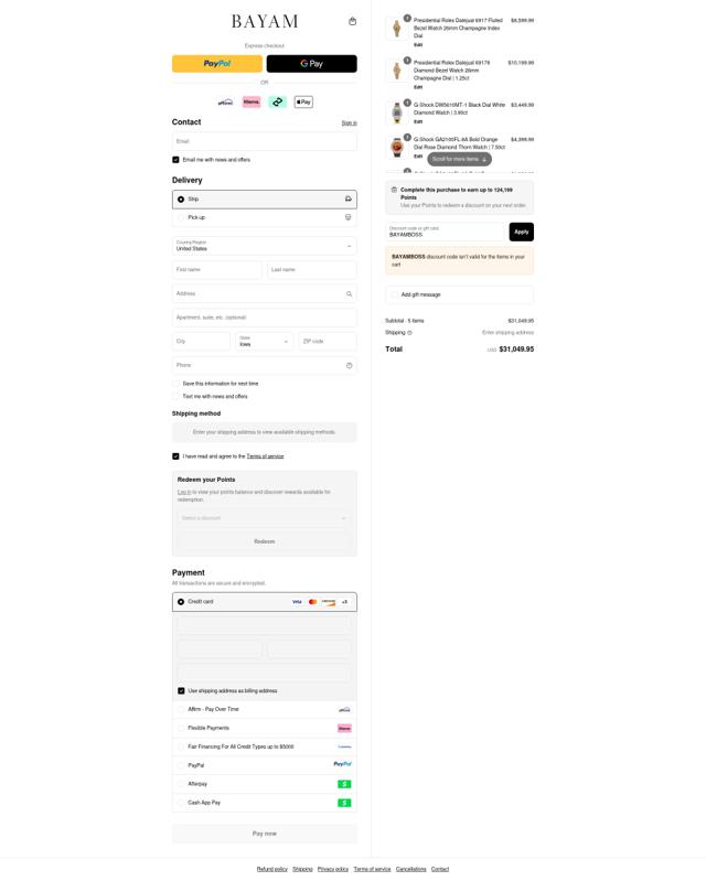 Bayam Jewelry checkout page showing Bayam Jewelry discount code box | Screenshot taken by SimplyCodes community member on Sep 12, 2025